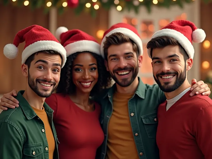 4 people, 2 brown skin color 1 woman, 2 white men ,  Christmas hat