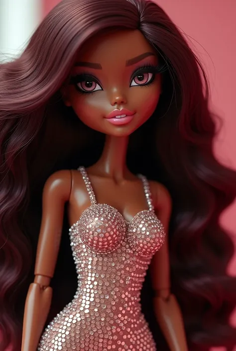 A dark-skinned Bratz doll with long eyelashes and burgundy hair wearing a rhinestone dress
