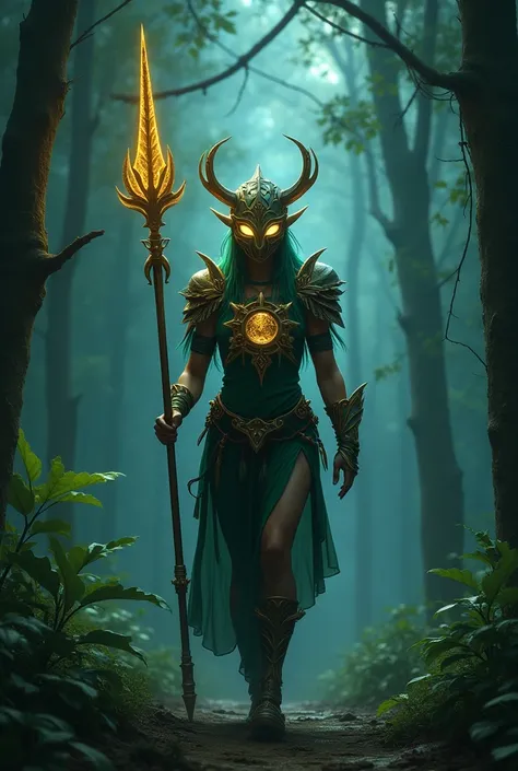 **((CREATE AN IMAGE OF A CHARACTER WALKING IN A DARK FOREST ))- ** MAIN COLORS **:  
  - ** Yerba Mate Green **:  to symbolize the connection with nature .  
  - ** Lunar Gold **:  representing Jaci  (to take)  and its divine status .  
  - ** Metallic Gra...