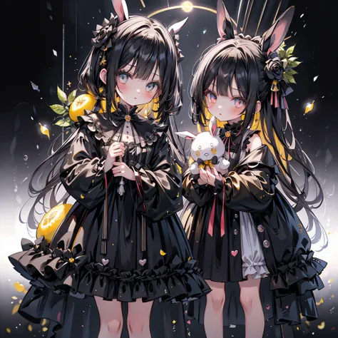 1girl, pretty face、Chibi、cute、My cheeks are flesh-colored 、（ beautiful eyes、 long lashes）、Black clothes、Flared long sleeves、 Shoulder-baring  、One piece flare skirt、Rabbit with stuffed toy、black and lemon yellow palette、Gothic Shoes、Positive、Black Rose、🌙、p...