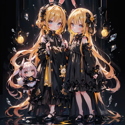 1girl, pretty face、Chibi、cute、My cheeks are flesh-colored 、（ beautiful eyes、 long lashes）、Black clothes、Flared long sleeves、 Shoulder-baring  、One piece flare skirt、Rabbit with stuffed toy、black and lemon yellow palette、Gothic Shoes、Positive、Black Rose、🌙、p...