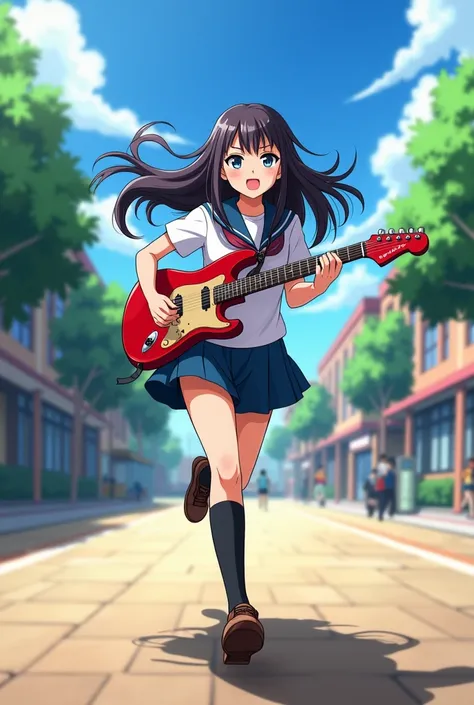 Carrying a guitar　Run at full speed　 high school girl　 anime style