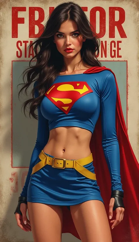 the proportions and detailed textures (in high quality), multicolor brushwork and softened with airbrush, semi-realism illustration featuring of beauty exotic (full body) a young girl in crop top and a skirt short (suit super hero-like) of hero cosplay of ...