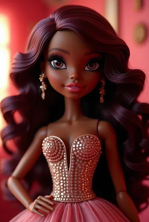 A dark-skinned Bratz doll with long eyelashes and burgundy hair wearing a rhinestone dress
