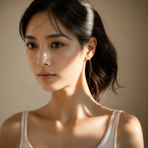 A hyper-realistic image of a single Japanese woman in her early 20s, captured with modern, ultra-high-definition clarity. Her skin has a warm beige tone with a natural, slightly rough texture that includes visible pores, fine lines, and subtle imperfection...