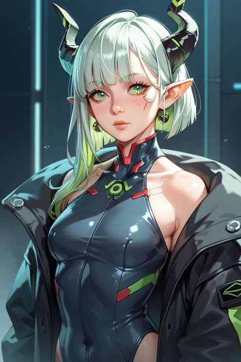 Portrait of an adult dragon girl, mature, curious expression, pale skin with freckles, green eyes, with big dragonic horns, messy short white hair with light green highlights, pointy ears. Wear tight black and white Cyberpunk clothes covered by a big black...