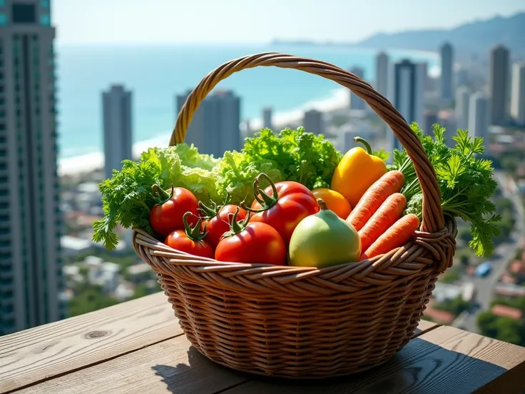 Create a basket with lots of vegetables . on top of a balcony .  in the background is the city of Balneário Camboriú.  REALISTIC IMAGE.