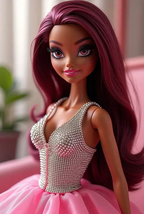 A Bratz doll with light brown skin with long eyelashes and burgundy hair wearing a rhinestone dress
