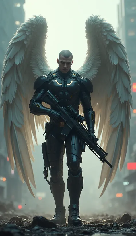 A modern warrior angel,  holding a rifle .