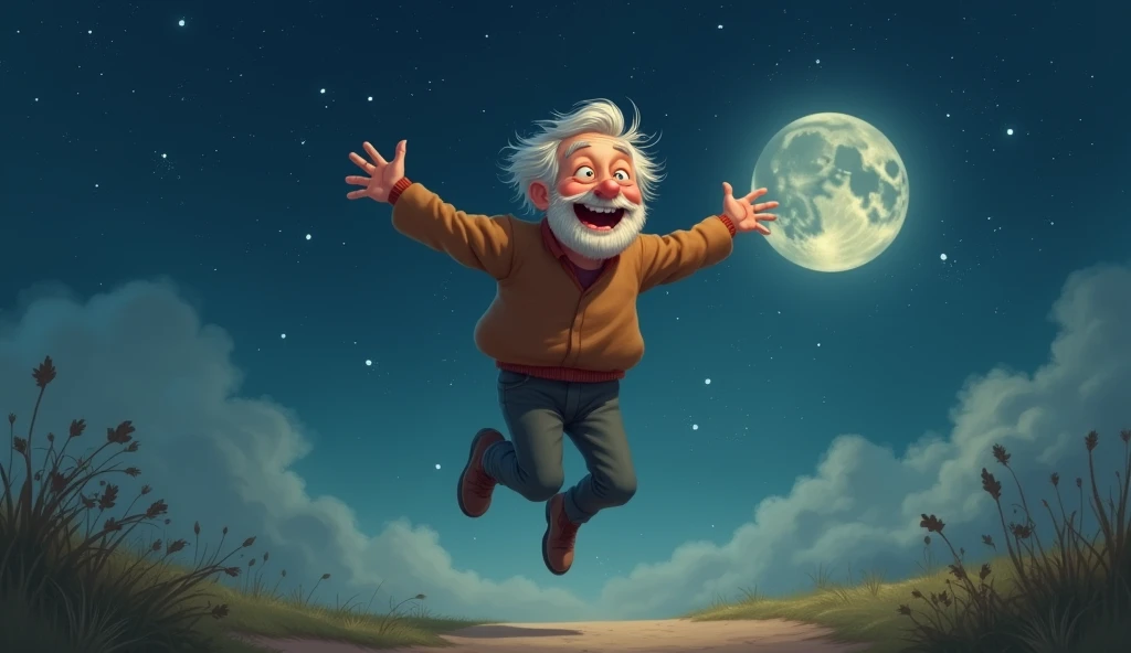 old man . Happy jumping.  smiling. Holding hands . night atmosphere.