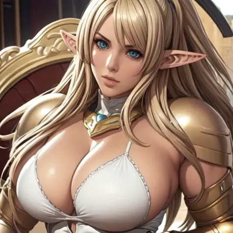 (highest quality,Super detailed,Realistic:1.37),Beautiful Elf Girl,Detailed face and eyes,Busty women,whole body,Gold Armor,Vibrant colors,Realistic lighting,Background with large machinery,Sci-Fi Style