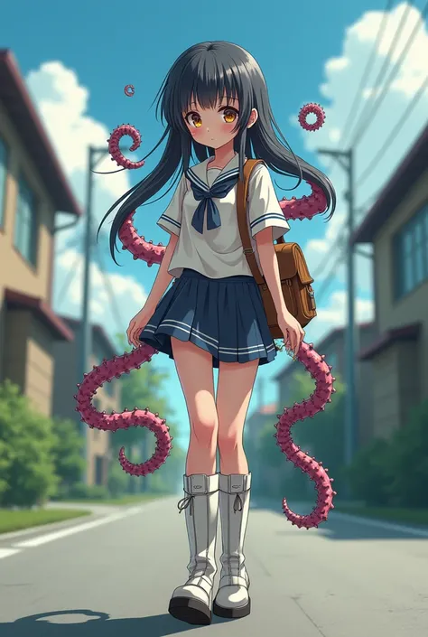   young petite girl、（Japanese Animation ）（Grotesque tentacles） 、 High Quality 、 full body view、（（Clothes made of tentacles ））、（ platform boots）、Stiletto heels、 thigh high boots 、（（ perfect finger））、（（perfect hand））、（School route）、（On the way to school）、Sch...