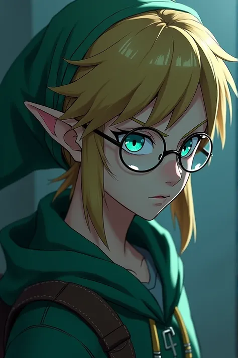 A japanese anime character hero, Link from the Legend of Zelda, the focus on the picture is his face, hes looking to the left and down. Hes wearing his outfit including his hoodie but the color is not green its darker and cool. He has some villainous trait...