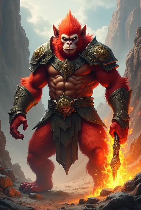 A Muai Thay warrior humanoid monkey with fire and armor
