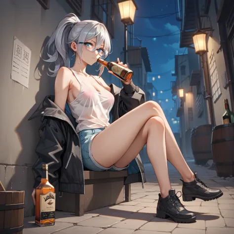 (score_9, score_8_up, score_7_up), source_anime,masterpiece, best quality, 1 girl, solo,
 lerge breasts,
, ponytail,silver hair, oval glasses,blue eye,hairs between eyes, see-through black jacket, tanktop,short shorts 
,night,fullbody
, fantasy world alley...