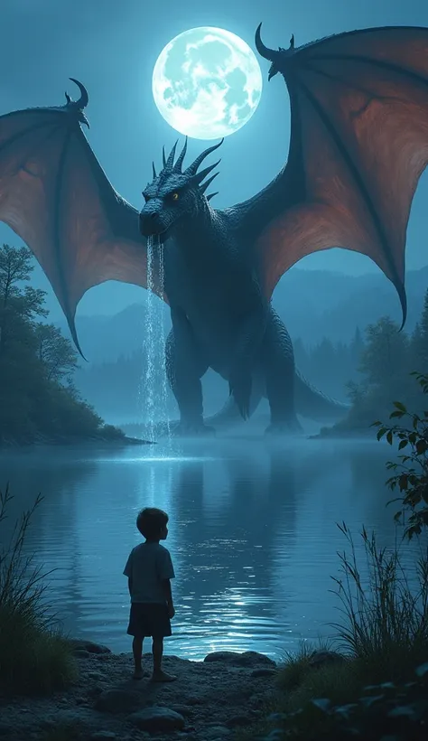 The water of the lake stirs and a huge dragon comes out. A twelve year old boy stands near a magical lake at night