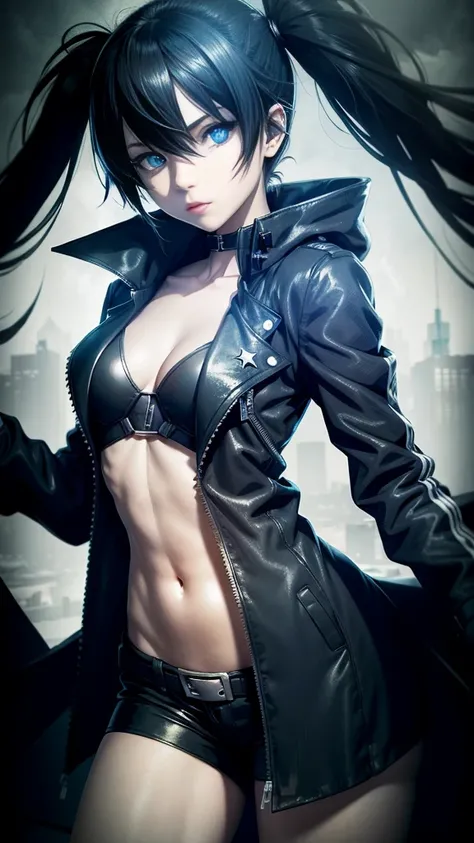 Black Rock Shooter, Trench Coat, Shirt, Blue Eyes, Hotpants, Hacker, 