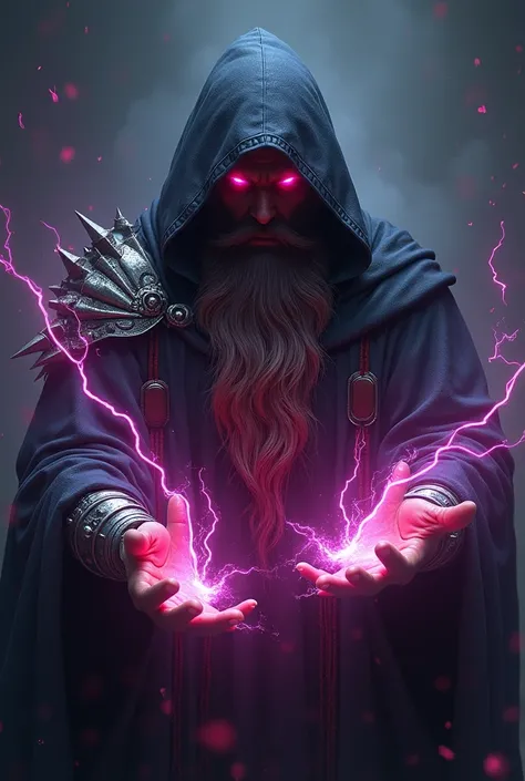 Dark fantasy digital art of a hooded sorcerer with glowing red eyes, exuding a menacing and powerful aura. His beard flows with intricate detail, and his hands wield crackling energy in vibrant hues of pink and purple, forming mystical lightning patterns. ...