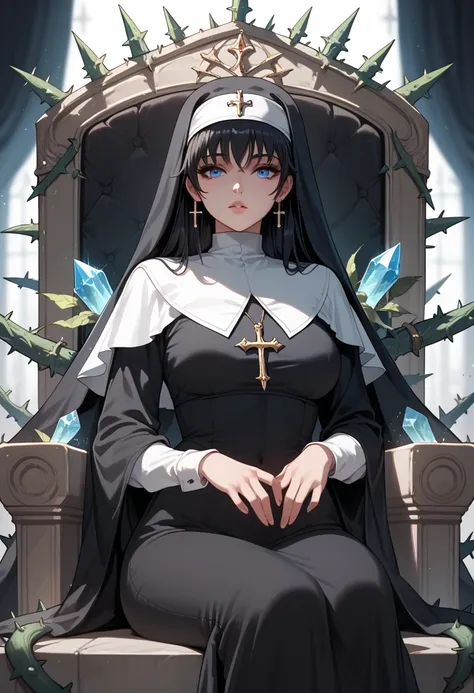  A woman is seated on a throne ,  she is wearing a crown of thorns with crystals, nuns clothing white and black ,  Blue Eyes, boca,  long black hair,  high quality,  high definition  