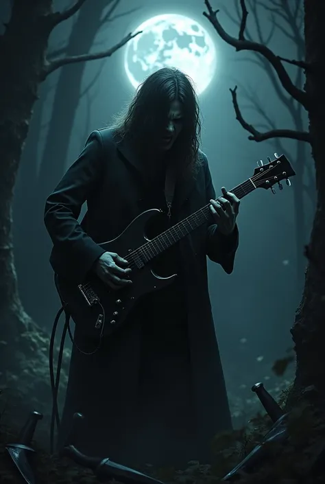 I want you to generate an image of a guitarist in the woods at night, on a full moon and with weapons lying around, a sinister scene of emotional terror.