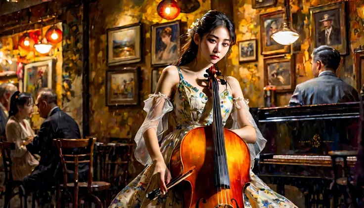 1 slim and beautiful 18-years old Japanese girl、playing the cello、serious face、jazz cello player、deep shadows、Oil painting style、jazz bar background、 dramatic lighting, extremely realistic, 8k, insane details, intricate, bokeh, taken with a 60mm lens, ISO ...