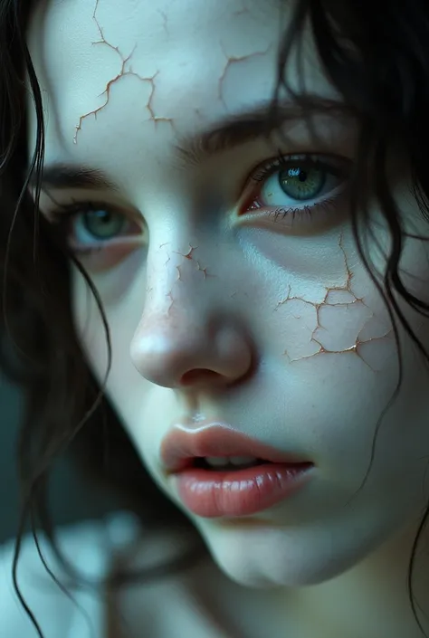 The image is a close-up portrait of a woman with cracks on her face, as if she were made entirely of porcelain. Behind the porcelain face is a void and her expression is one of sadness.