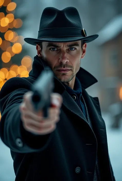 Create a poster for the movie Silent Night.
The name of the movie: Silent Night is clearly displayed on the poster.
Main image: A man (Joel Kinnaman) looks straight into the camera with a serious expression, holding a gun pointed straight out. He is wearin...