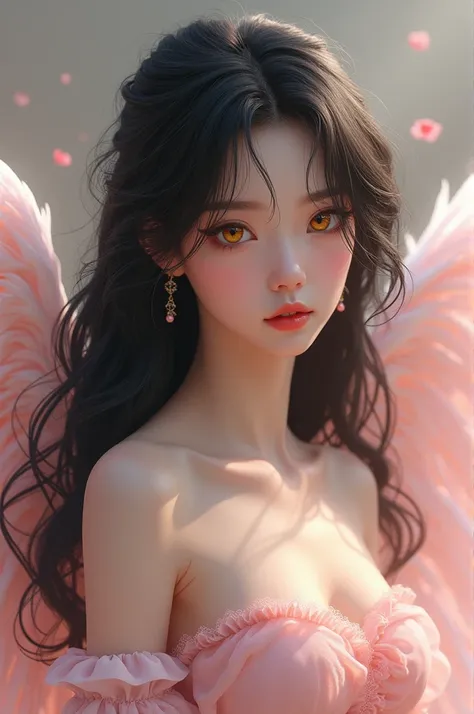 Has beautiful long jet-black hair, sharp golden yellow eyes, a sweet face, and wears a pastel pink dress.