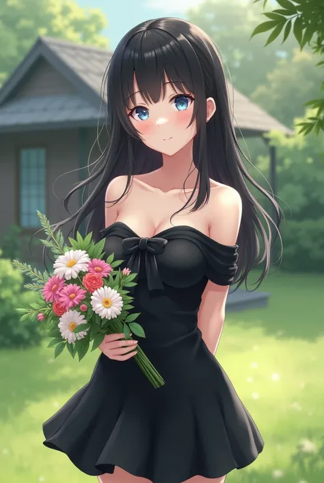 asian, real photo, A captivating Japanese girl, beautiful cute, Medium round breasts, (1 mature Girl), ((light black color hair: 5.2, long straight style, messy bangs)), blue eyes, double eyelids, light effect on the eyes, wide hips, black off-the-shoulder...