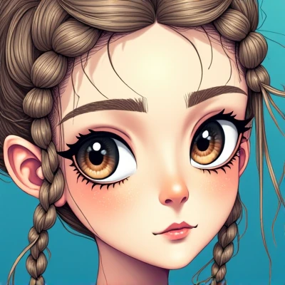 Brown hair with braids, brown eyes with lenses  