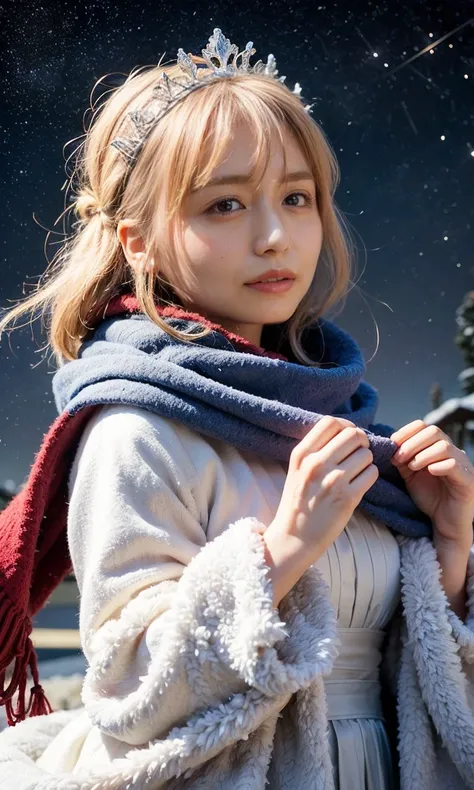 (    The Snow Queen、 Snowflakes 、When she casts a spell , A legendary ice bird appears around the sky、 Magic Rim 、staring at something、diamond dust flutters、クリーム色のhair、   Heavy snowfall area      、   Snow is falling   、    blue eyes、    blue eyes、white win...