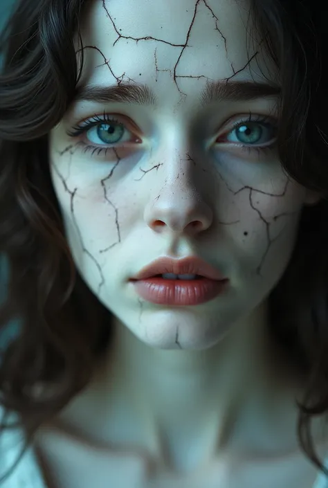 The image is a close-up portrait of a woman with cracks on her face, as if she were made entirely of porcelain. Behind the porcelain face is a void and her expression is one of sadness.