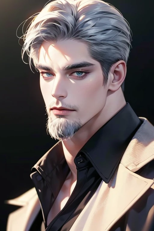 (best quality,4k,8k,highres,masterpiece:1.2),ultra-detailed,(realistic,photorealistic,photo-realistic:1.37),36 year old man,3 day beard,handsome anime,portraits,strong,masculine,dark silver hair,sharp jawline,mesmerizing eyes,perfectly styled hair,cool ani...