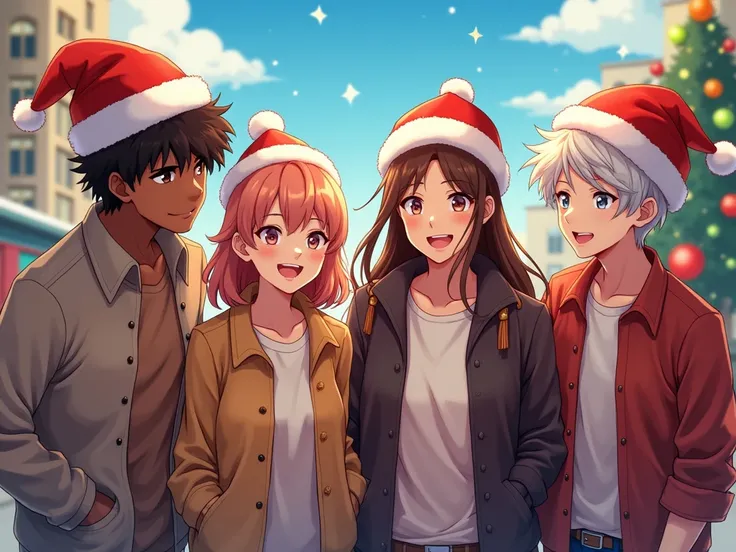  a woman color skin brown , a man colored skin brown ,  two men color white skin,  Christmas hat,  anime style