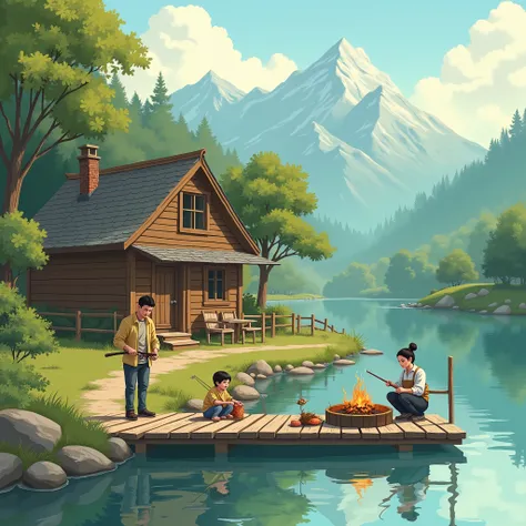  Small wooden house by the river with a small pier leading to the river, father fishing by the river ,  mother burning fish with 2 ren with a bonfire ,  background river and beautiful mountains 