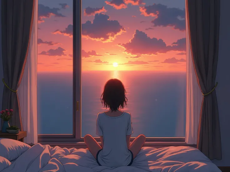 a young woman sitting on a bed in a high-floor apartment, watching sunset at the sea from the window (ghibli style)