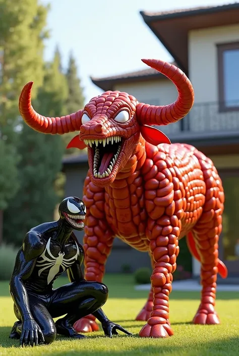 Venom dan patung sapi sosis):
"A 3D semi-realistic render featuring Venom kneeling beside a giant bull sculpture made entirely of sausages. The bull is carefully constructed with individual sausages forming its body, legs, and horns. The setting includes a...