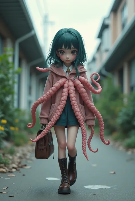   young petite girl、（Japanese Animation ）（Grotesque tentacles） 、 High Quality 、 full body view、（（Costumes made with tentacles））、（ platform boots）、Stiletto heels、 thigh high boots 、（（ perfect finger））、（（perfect hand））、（School route）、（On the way to school）、S...