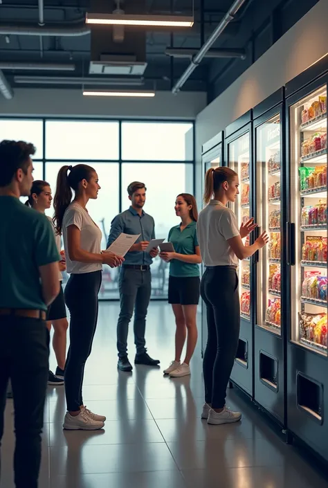 “Snack attack” vending machine brand representatives talking with gym employees to promote healthy foods and sales