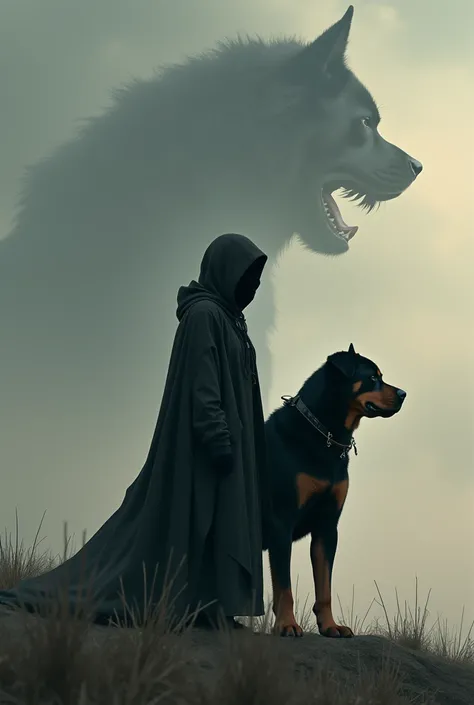 A hooded woman next to a profile rottwailer while in the sky is a symbol of nihilism and stoicism 