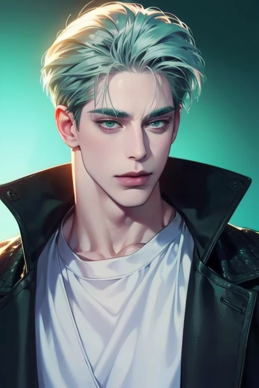 (best quality,4k,8k,highres,masterpiece:1.2),ultra-detailed,(realistic,photorealistic,photo-realistic:1.37),36 year old man,3 day beard,handsome anime,portraits,strong,masculine,grey green  hair,sharp jawline,mesmerizing eyes,perfectly styled hair,cool ani...