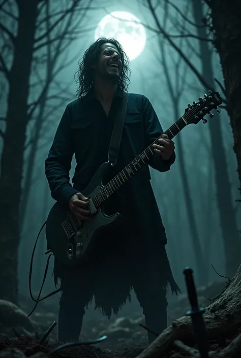 I want you to generate an image of a guitarist in the woods at night, on a full moon and with weapons lying around, a sinister scene of emotional terror.