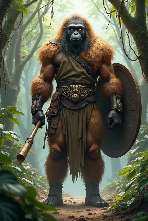 dark brown-skinned warrior ,  tall with fur gibbon armor,  long hair,  holding a spear and a shield, wrapped in an aura of nature 