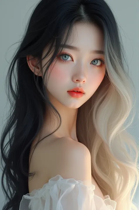 Make me a picture:  An 18-year-old Korean woman , light skinned.  with light blue eyes . With black and blond hair ,  of the wavy type and long length .