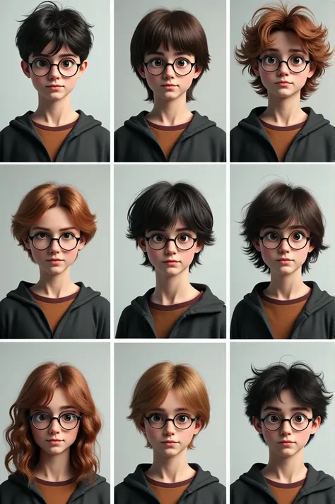 create an image divided into 10 ,  where each box shows Harry Potter ,  but in each one with different types of haircuts 