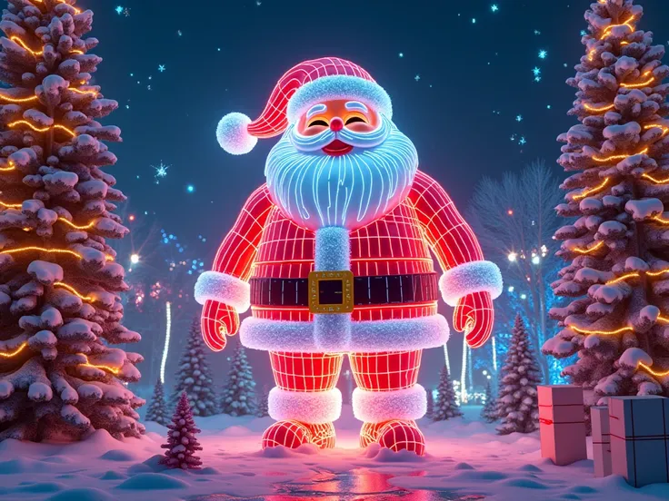 giant santa claus toy maked with neon lights and christmas background with a lot colors and neon lights