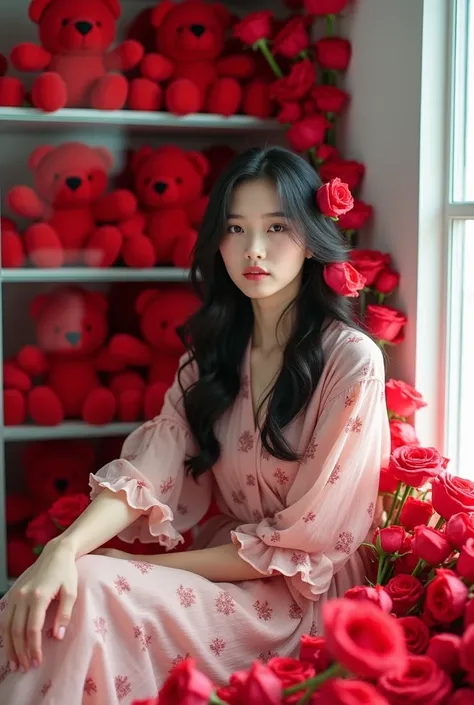  Portrait of a beautiful white Asian with a slim body shape . and long black hair with a beautiful model . wearing a pink floral print knee-length tunic . she was sitting relaxed in a white cloth ,bright white wall background there is a large glass shelf t...