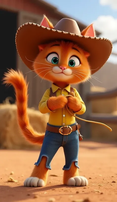 "Create a 3D Pixar-style image of Jessie Cat, a red tabby with a cowgirl hat, wearing a yellow western shirt and denim jeans. Her fur is neatly brushed, and her large eyes are filled with both mischief and excitement. Jessie Cat’s tail flicks playfully beh...