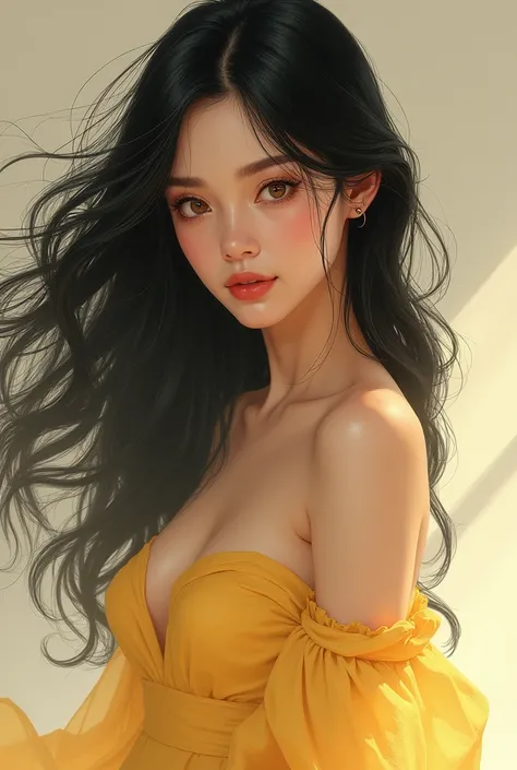  Woman with long black hair, honey-eyed ,  long pastel yellow dress , sharp and sensual beauty ,  full body, manhwa style,  standard size wattpad 