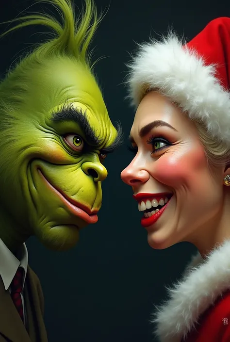 Face of the angry Grinch and face of happy Mrs. Claus
